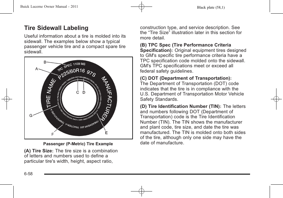 Tire sidewall labeling, Tire sidewall labeling -58 | Buick 2011 Lucerne User Manual | Page 344 / 450