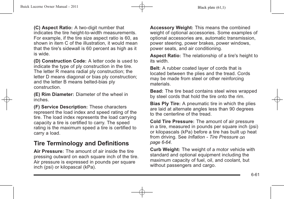 Tire terminology and definitions, Tire terminology and definitions -61 | Buick 2011 Lucerne User Manual | Page 347 / 450