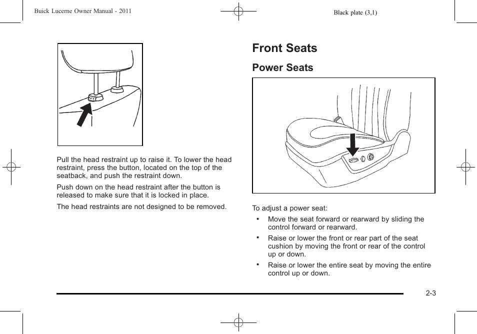 Front seats, Power seats, Front seats -3 | Instrument panel, Power seats -3 | Buick 2011 Lucerne User Manual | Page 35 / 450