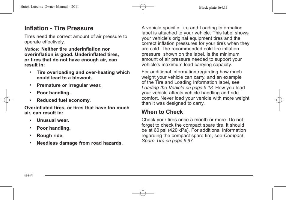 Inflation - tire pressure, Inflation - tire pressure -64, When to check | Buick 2011 Lucerne User Manual | Page 350 / 450