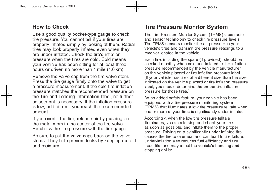 Tire pressure monitor system, Pressure monitor system -65, How to check | Buick 2011 Lucerne User Manual | Page 351 / 450