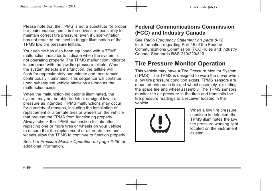 Tire pressure monitor operation, Tire pressure monitor operation -66 | Buick 2011 Lucerne User Manual | Page 352 / 450