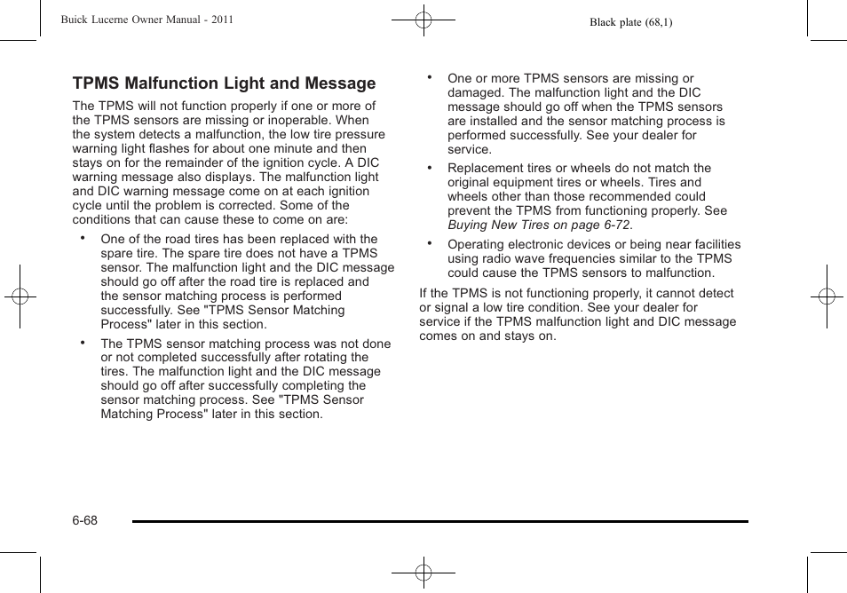 Tpms malfunction light and message | Buick 2011 Lucerne User Manual | Page 354 / 450