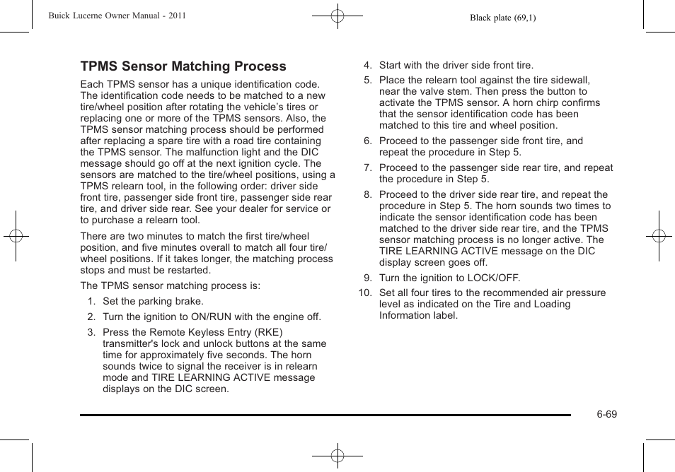 Tpms sensor matching process | Buick 2011 Lucerne User Manual | Page 355 / 450