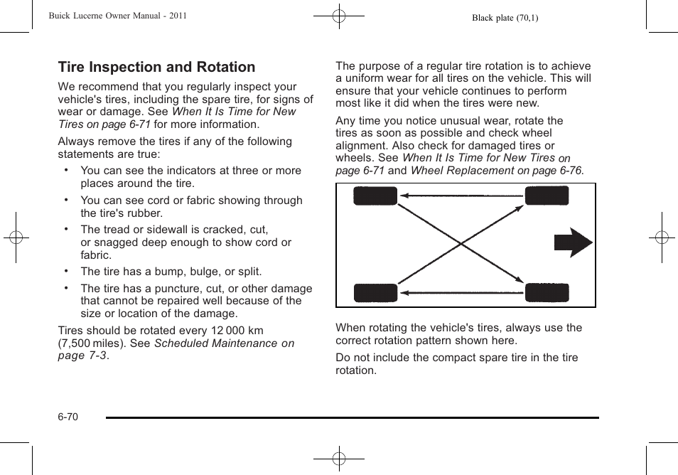 Tire inspection and rotation, Tire inspection and rotation -70 | Buick 2011 Lucerne User Manual | Page 356 / 450