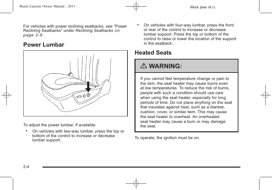 Power lumbar, Heated seats, Power lumbar -4 heated seats -4 | Warning | Buick 2011 Lucerne User Manual | Page 36 / 450