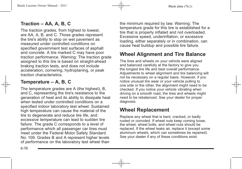 Wheel alignment and tire balance, Wheel replacement | Buick 2011 Lucerne User Manual | Page 362 / 450