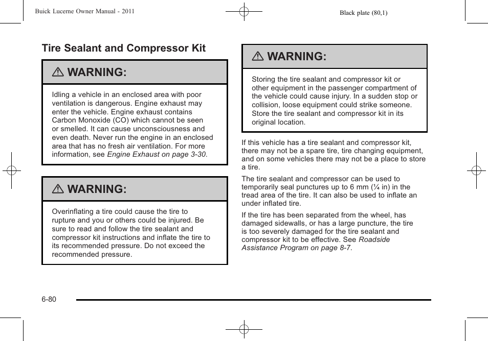 Tire sealant and compressor kit, Tire sealant and compressor kit -80, Finish | Warning | Buick 2011 Lucerne User Manual | Page 366 / 450