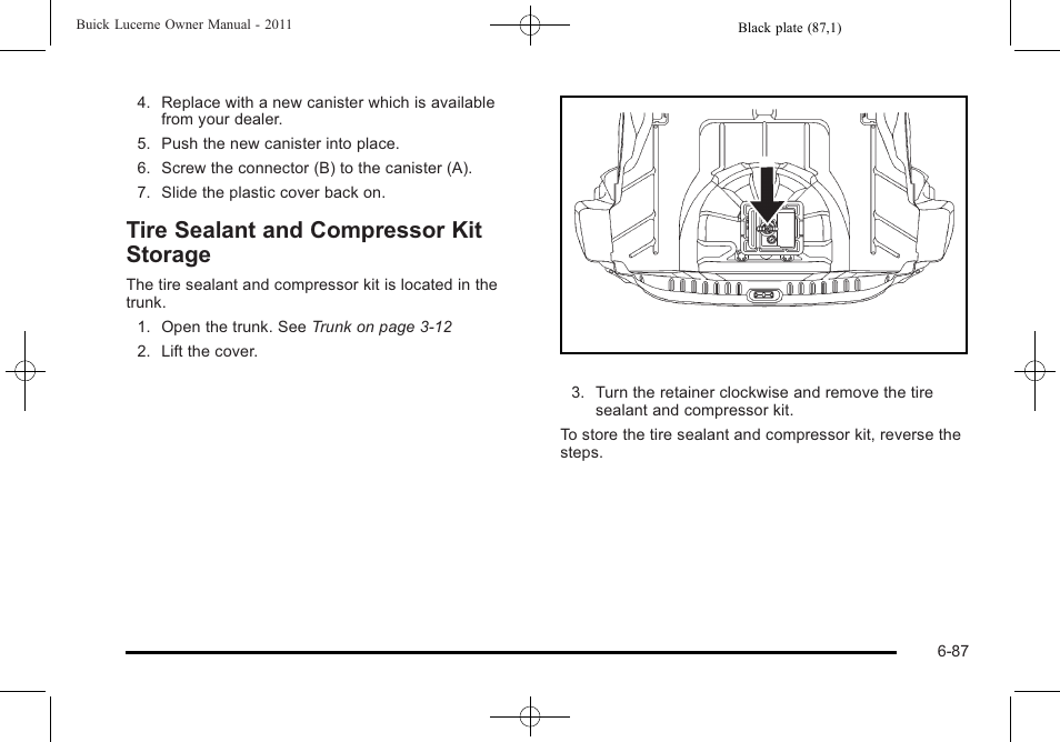 Tire sealant and compressor kit storage, Tire sealant and compressor kit storage -87 | Buick 2011 Lucerne User Manual | Page 373 / 450