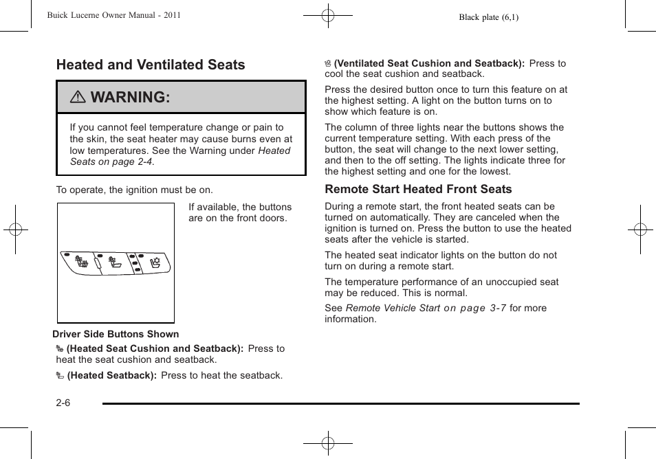 Heated and ventilated seats, Heated and ventilated seats -6, Warning | Buick 2011 Lucerne User Manual | Page 38 / 450