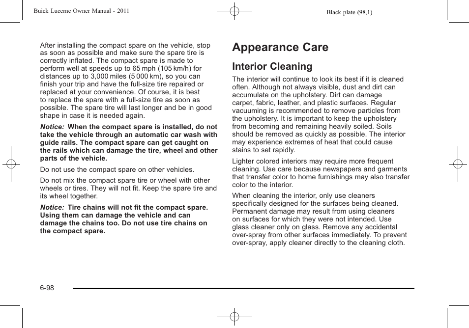 Appearance care, Interior cleaning, Appearance care -98 | Interior cleaning -98 | Buick 2011 Lucerne User Manual | Page 384 / 450