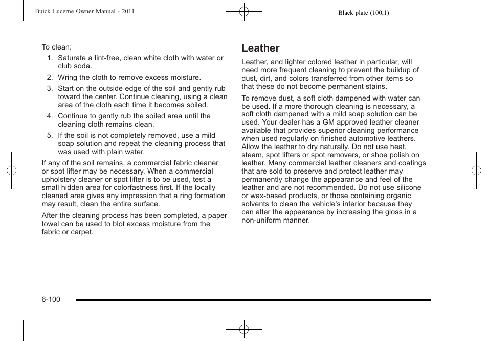 Leather, Leather -100 | Buick 2011 Lucerne User Manual | Page 386 / 450