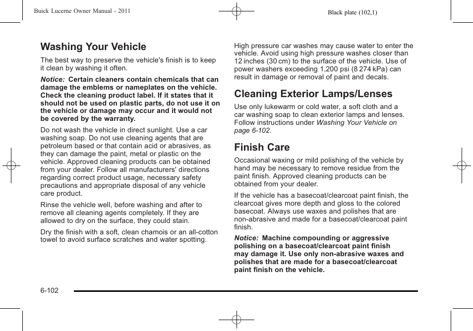 Washing your vehicle, Cleaning exterior lamps/lenses, Finish care | Buick 2011 Lucerne User Manual | Page 388 / 450