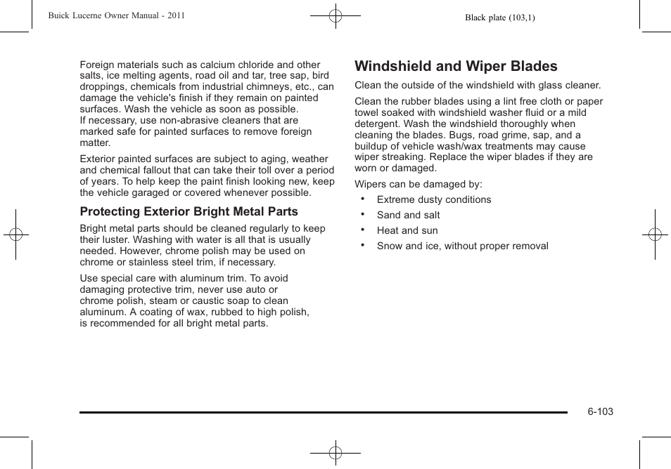 Windshield and wiper blades, And wiper blades -103, Protecting exterior bright metal parts | Buick 2011 Lucerne User Manual | Page 389 / 450