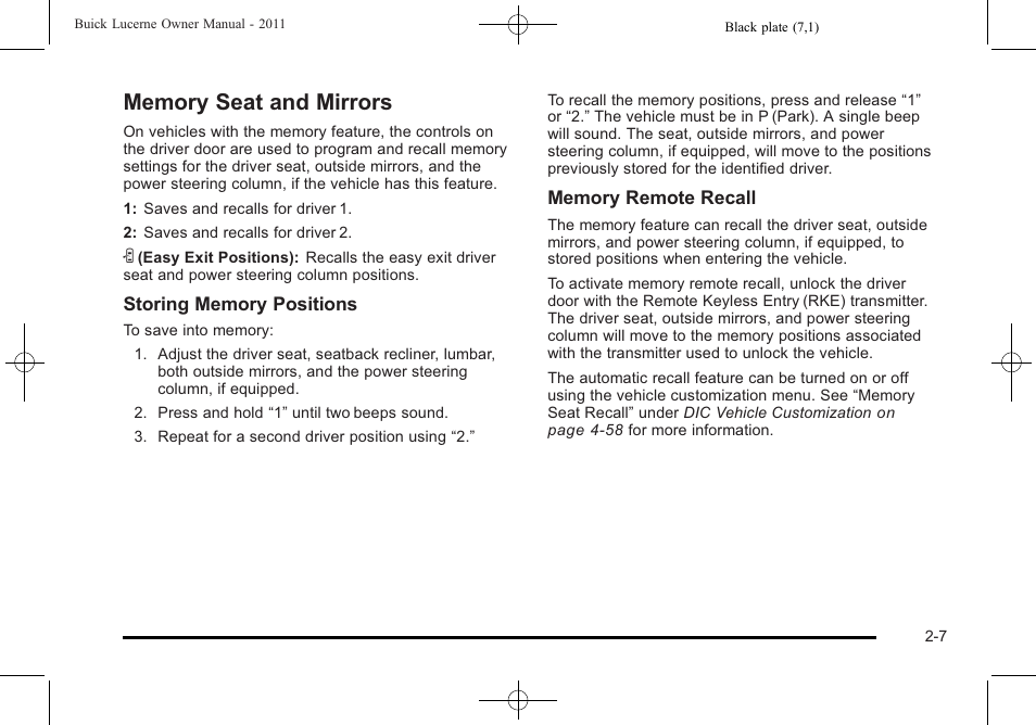 Memory seat and mirrors, Memory seat and mirrors -7 | Buick 2011 Lucerne User Manual | Page 39 / 450
