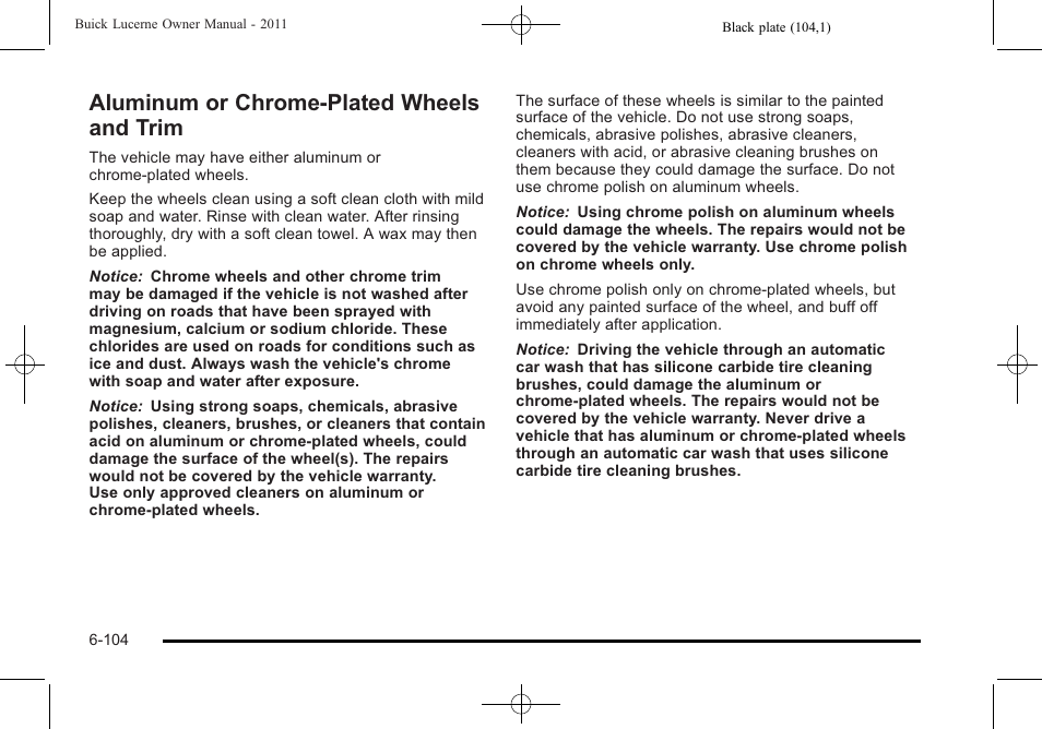 Aluminum or chrome-plated wheels and trim, Aluminum or chrome-plated wheels, And trim -104 | Buick 2011 Lucerne User Manual | Page 390 / 450