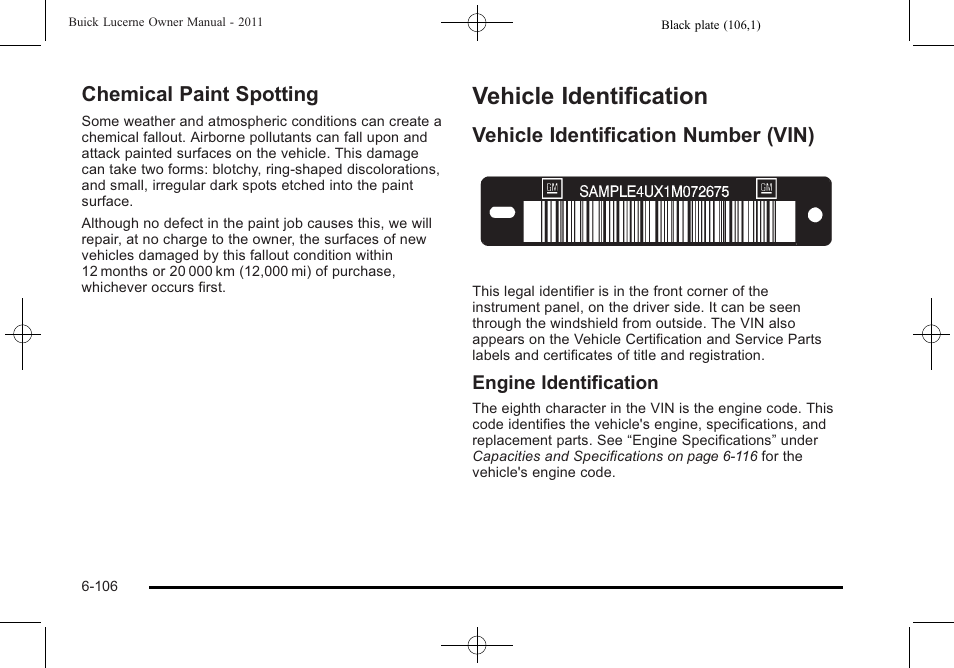 Chemical paint spotting, Vehicle identification, Vehicle identification number (vin) | Vehicle identification -106, Chemical paint spotting -106, Vehicle identification number (vin) -106 | Buick 2011 Lucerne User Manual | Page 392 / 450