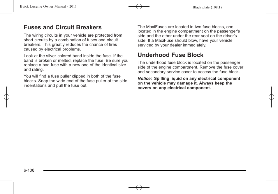 Fuses and circuit breakers, Underhood fuse block | Buick 2011 Lucerne User Manual | Page 394 / 450