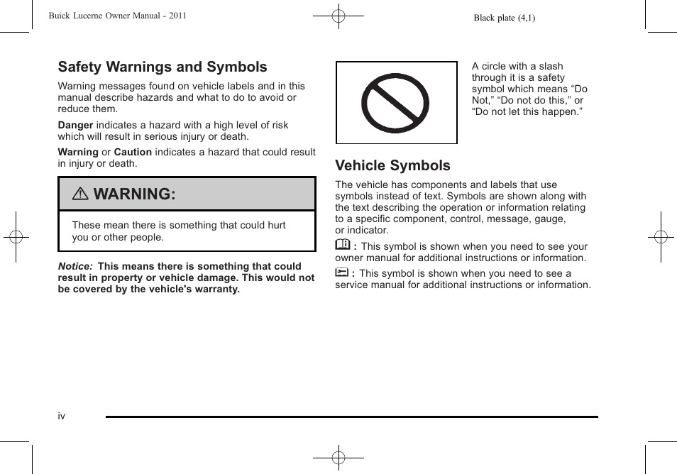 Safety warnings and symbols, Vehicle symbols, Warning | Buick 2011 Lucerne User Manual | Page 4 / 450