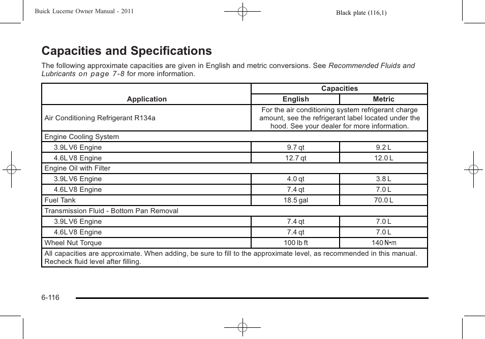 Capacities and specifications, Capacities and specifications -116 | Buick 2011 Lucerne User Manual | Page 402 / 450