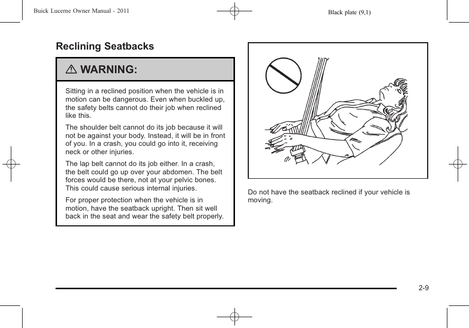 Reclining seatbacks, Reclining seatbacks -9, Warning | Buick 2011 Lucerne User Manual | Page 41 / 450