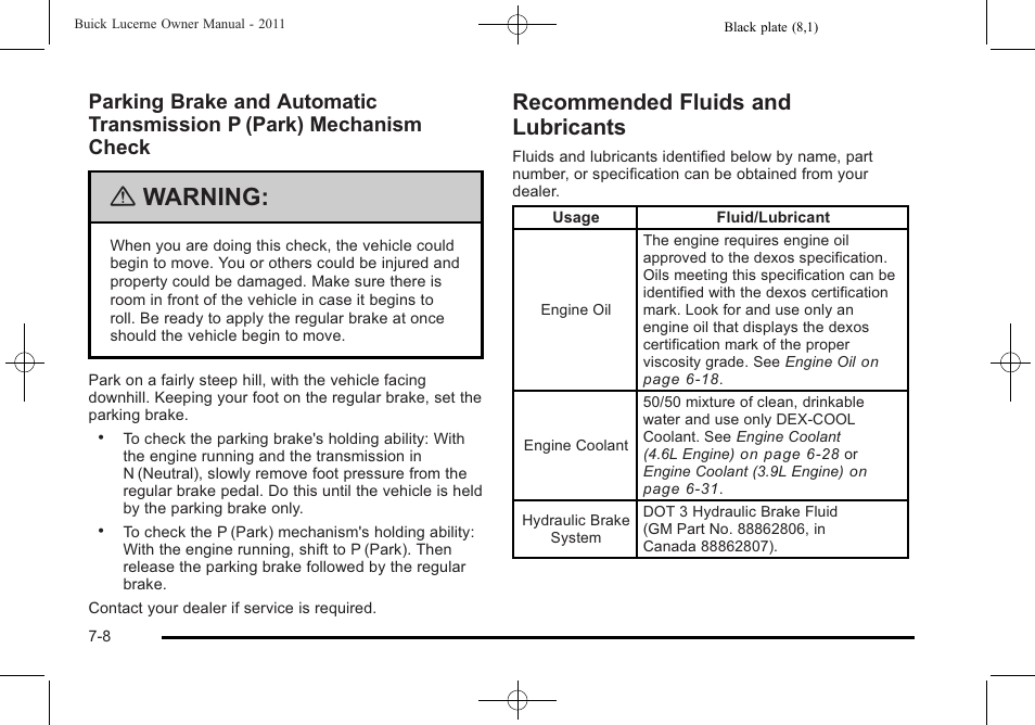 Recommended fluids and lubricants, Recommended fluids and lubricants -8, Warning | Buick 2011 Lucerne User Manual | Page 412 / 450