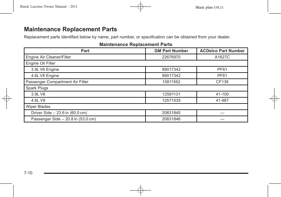 Maintenance replacement parts, Maintenance replacement parts -10 | Buick 2011 Lucerne User Manual | Page 414 / 450