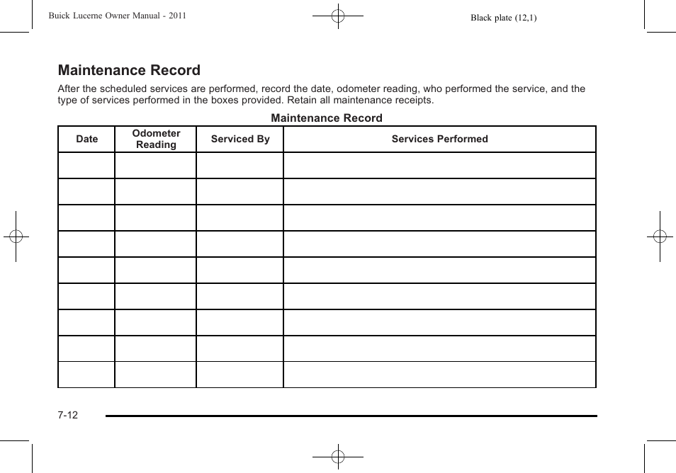 Maintenance record, Record -12 | Buick 2011 Lucerne User Manual | Page 416 / 450