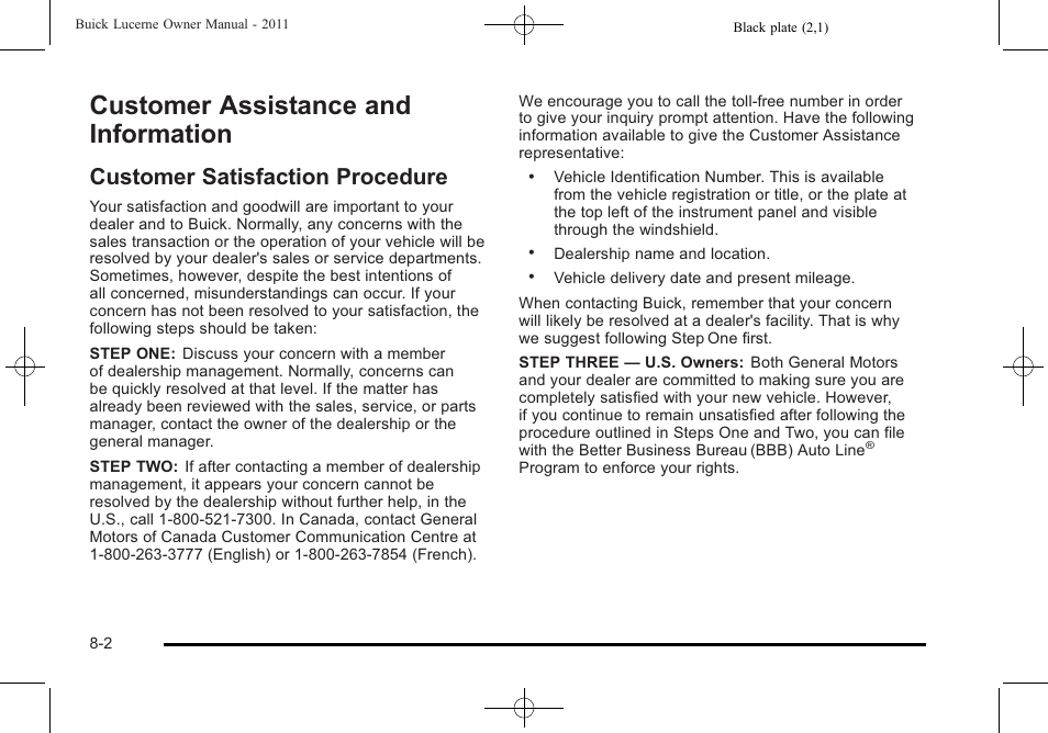 Customer assistance and information, Customer satisfaction procedure, Customer assistance and information -2 | Customer satisfaction procedure -2 | Buick 2011 Lucerne User Manual | Page 420 / 450