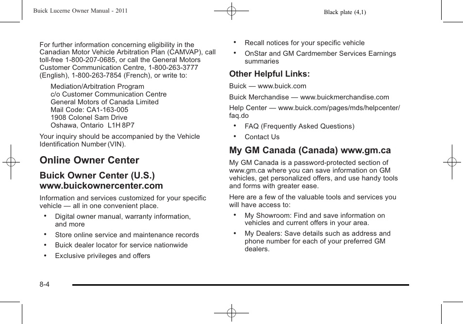 Online owner center, Online owner center -4, Other helpful links | Buick 2011 Lucerne User Manual | Page 422 / 450