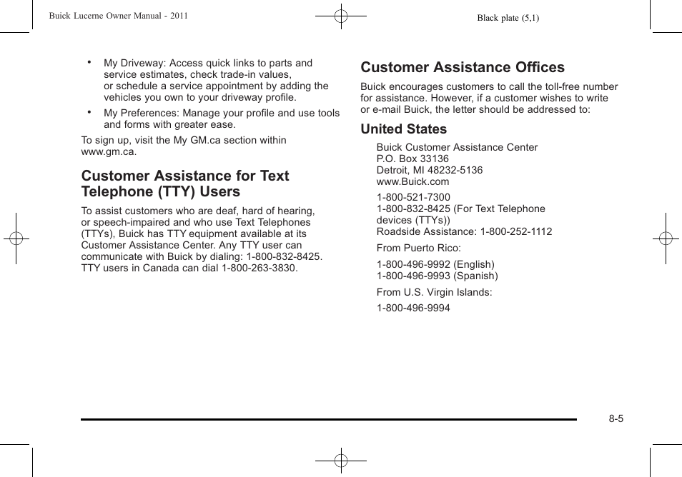Customer assistance for text telephone (tty) users, Customer assistance offices, Customer assistance for text telephone (tty) | Users -5, Customer assistance offices -5, Reporting, United states | Buick 2011 Lucerne User Manual | Page 423 / 450
