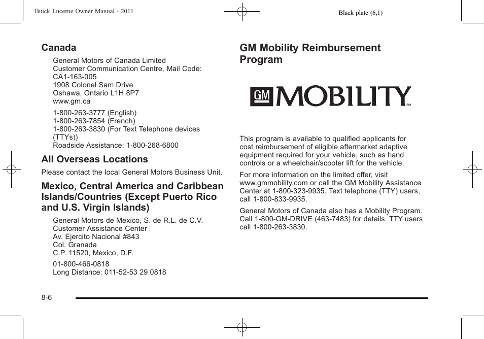 Gm mobility reimbursement program, Gm mobility reimbursement program -6, Canada | All overseas locations | Buick 2011 Lucerne User Manual | Page 424 / 450