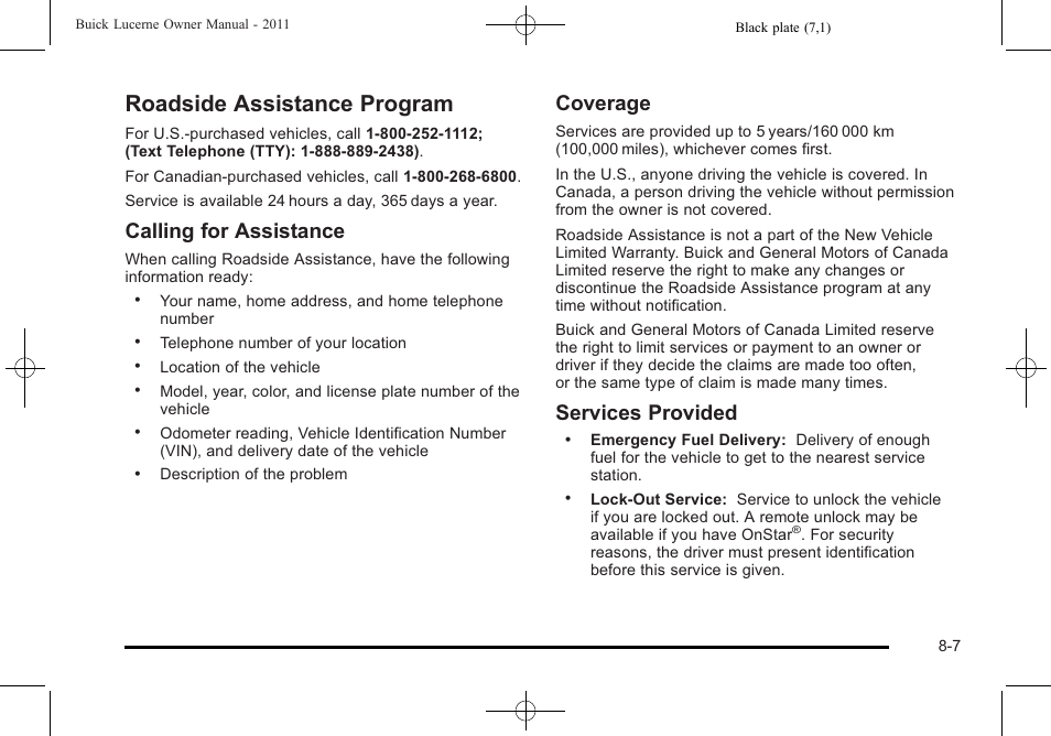 Roadside assistance program, Roadside assistance program -7, Vehicle | Calling for assistance, Coverage, Services provided | Buick 2011 Lucerne User Manual | Page 425 / 450