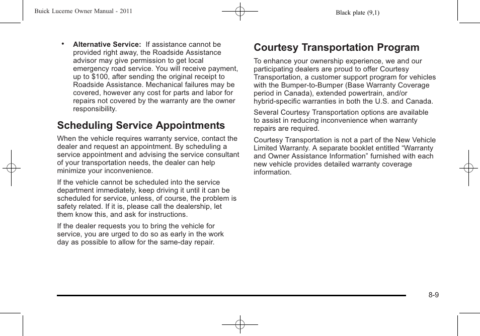 Scheduling service appointments, Courtesy transportation program | Buick 2011 Lucerne User Manual | Page 427 / 450