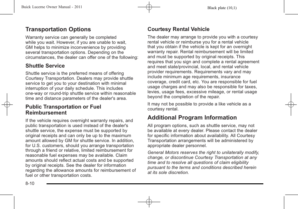 Transportation options, Additional program information | Buick 2011 Lucerne User Manual | Page 428 / 450