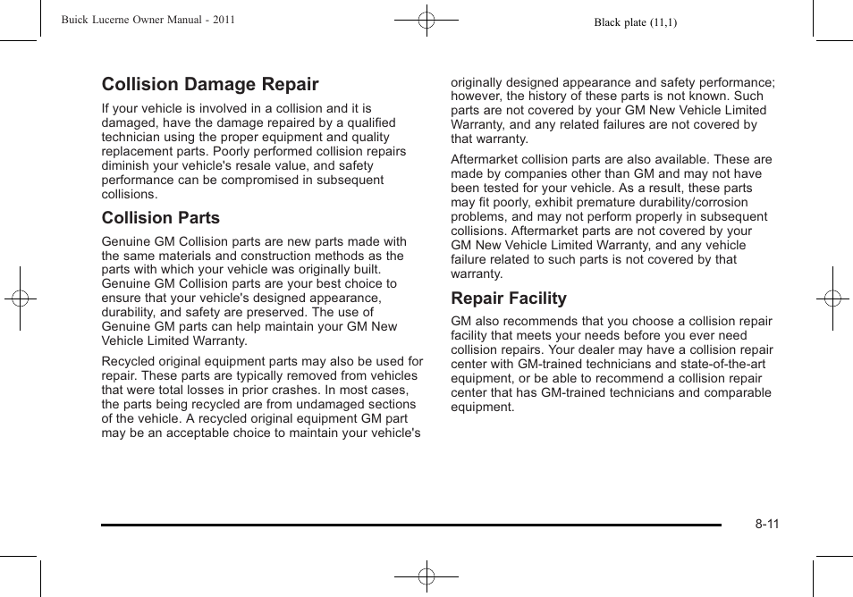 Collision damage repair, Collision damage repair -11, Navigation | Collision parts, Repair facility | Buick 2011 Lucerne User Manual | Page 429 / 450