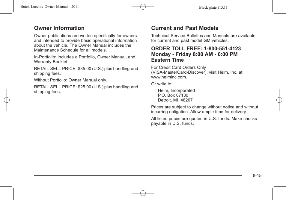 Owner information, Current and past models | Buick 2011 Lucerne User Manual | Page 433 / 450