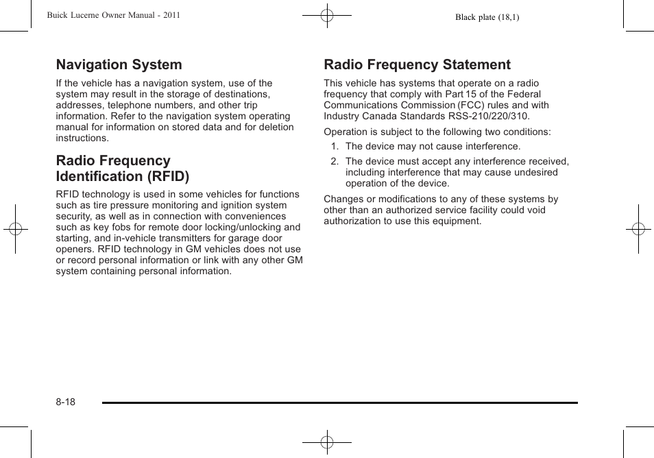 Navigation system, Radio frequency identification (rfid), Radio frequency statement | Buick 2011 Lucerne User Manual | Page 436 / 450