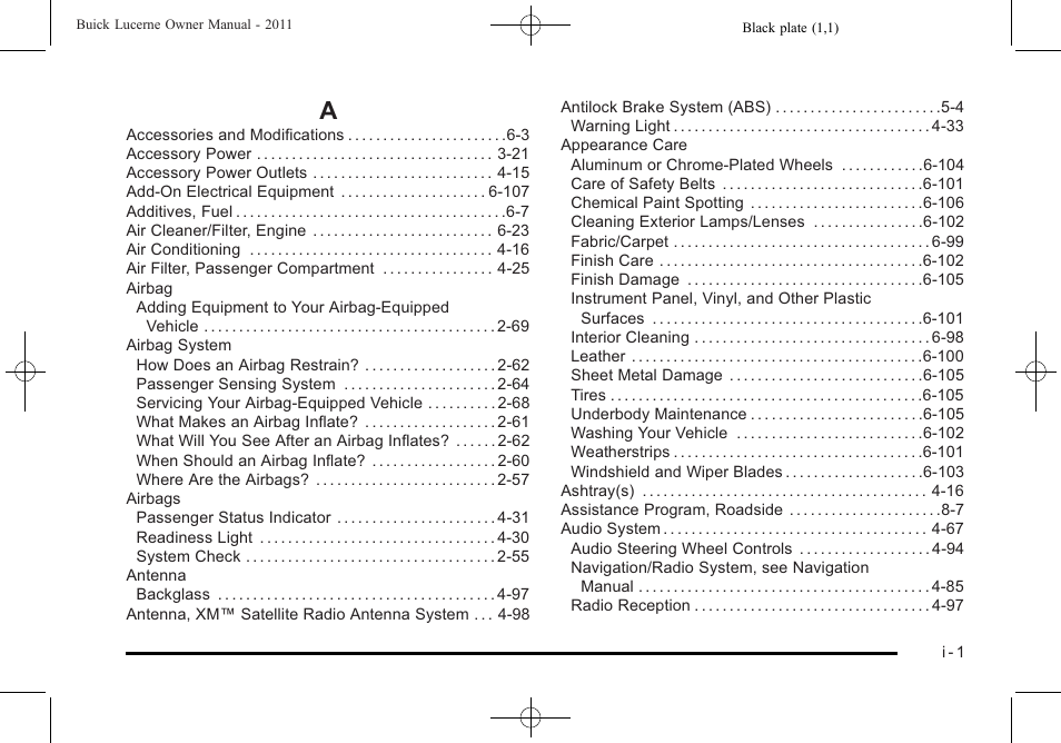 Index, Index_a | Buick 2011 Lucerne User Manual | Page 437 / 450