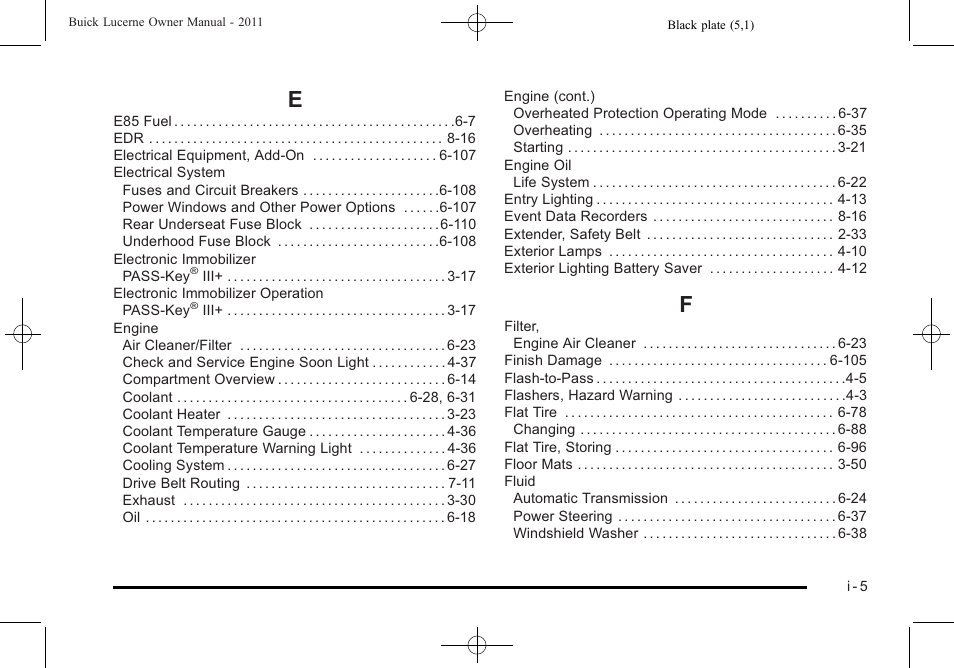 Index_e, Index_f | Buick 2011 Lucerne User Manual | Page 441 / 450