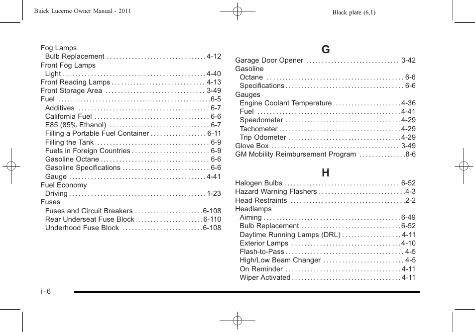 Index_g, Index_h | Buick 2011 Lucerne User Manual | Page 442 / 450