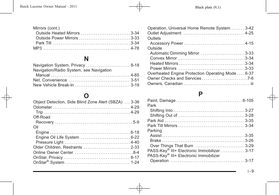 Index_n, Index_o, Index_p | Buick 2011 Lucerne User Manual | Page 445 / 450