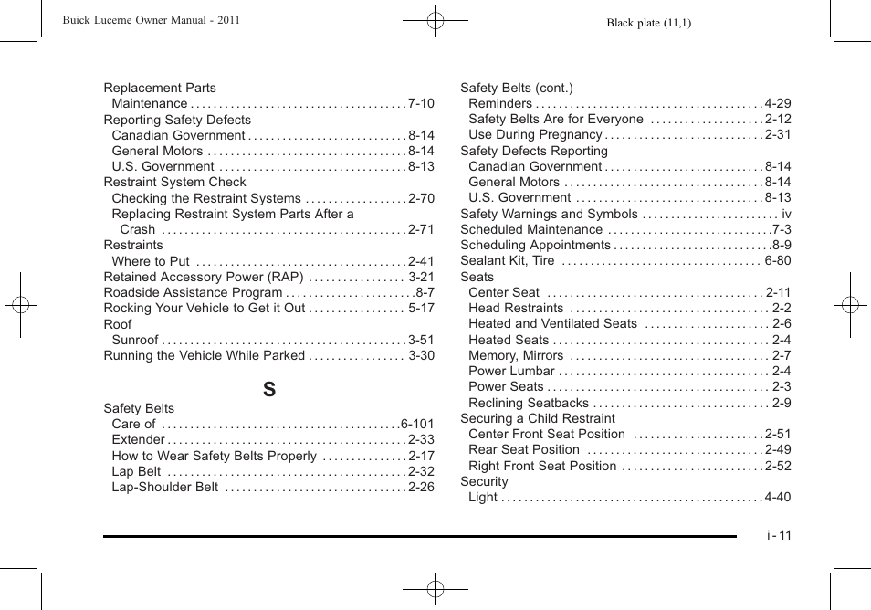 Index_s | Buick 2011 Lucerne User Manual | Page 447 / 450