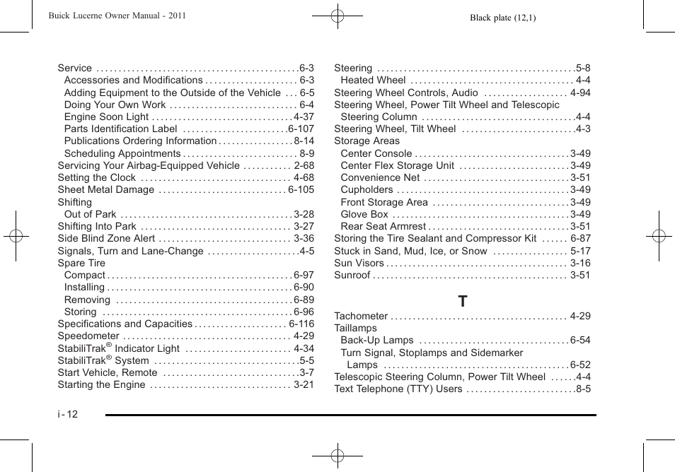 Index_t | Buick 2011 Lucerne User Manual | Page 448 / 450