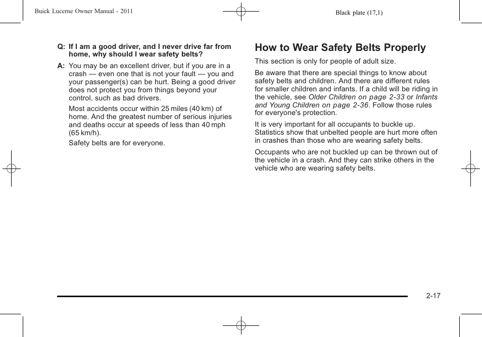 How to wear safety belts properly, How to wear safety belts properly -17 | Buick 2011 Lucerne User Manual | Page 49 / 450