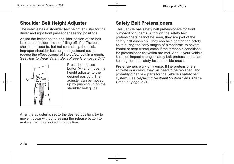 Shoulder belt height adjuster, Safety belt pretensioners | Buick 2011 Lucerne User Manual | Page 60 / 450
