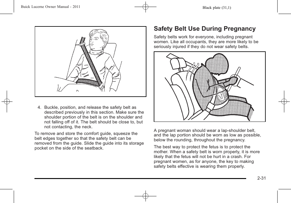 Safety belt use during pregnancy, Safety belt use during pregnancy -31 | Buick 2011 Lucerne User Manual | Page 63 / 450