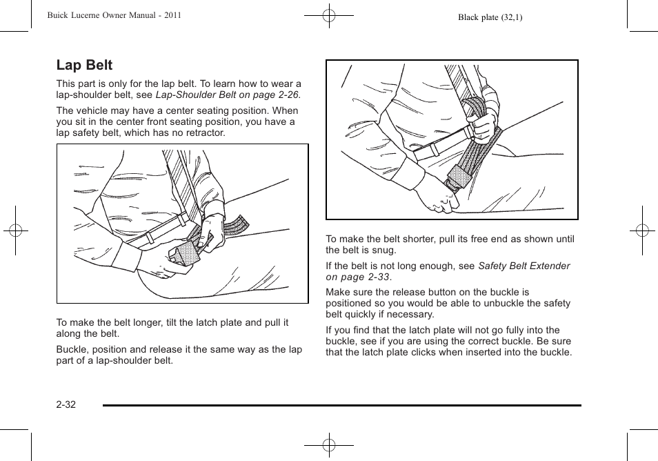 Lap belt, Lap belt -32 | Buick 2011 Lucerne User Manual | Page 64 / 450