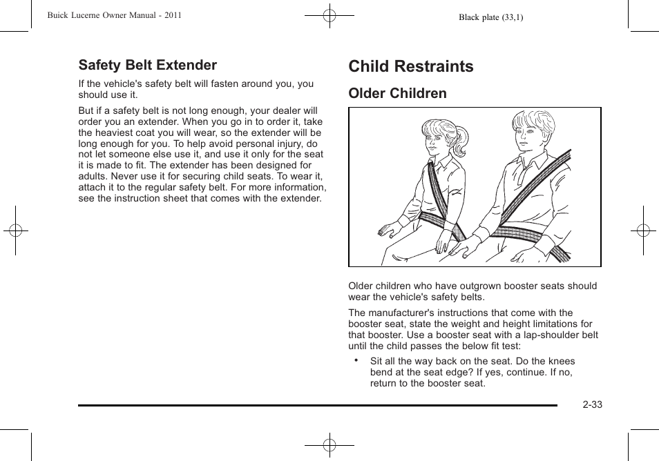 Safety belt extender, Child restraints, Older children | Child restraints -33, Warning lights, gauges, Safety belt extender -33, Older children -33 | Buick 2011 Lucerne User Manual | Page 65 / 450