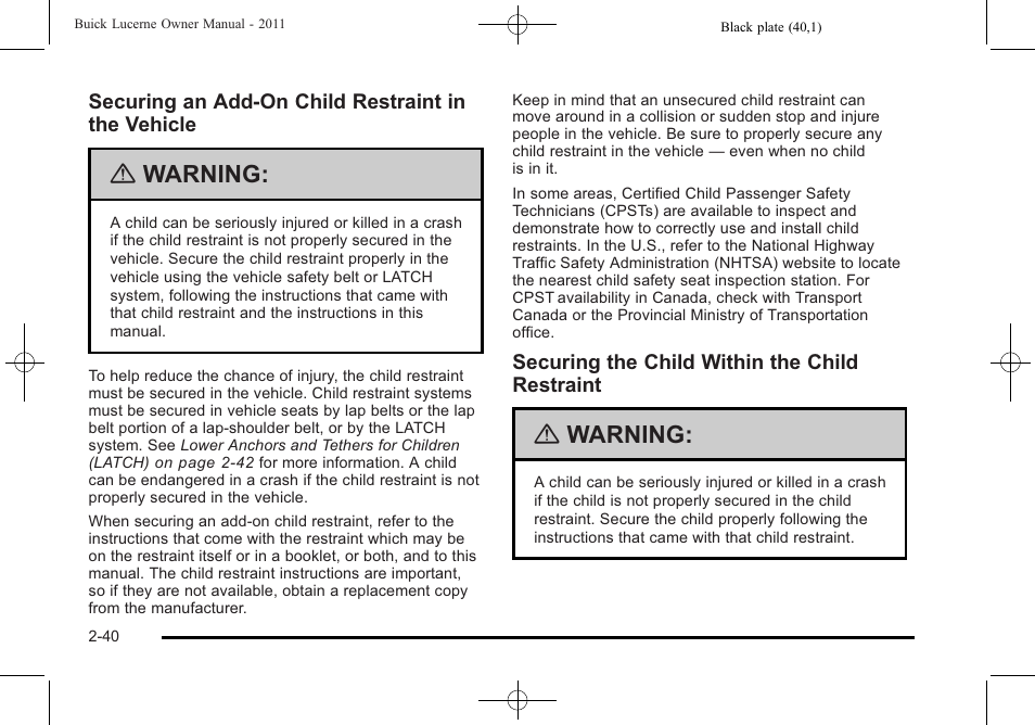 Warning | Buick 2011 Lucerne User Manual | Page 72 / 450